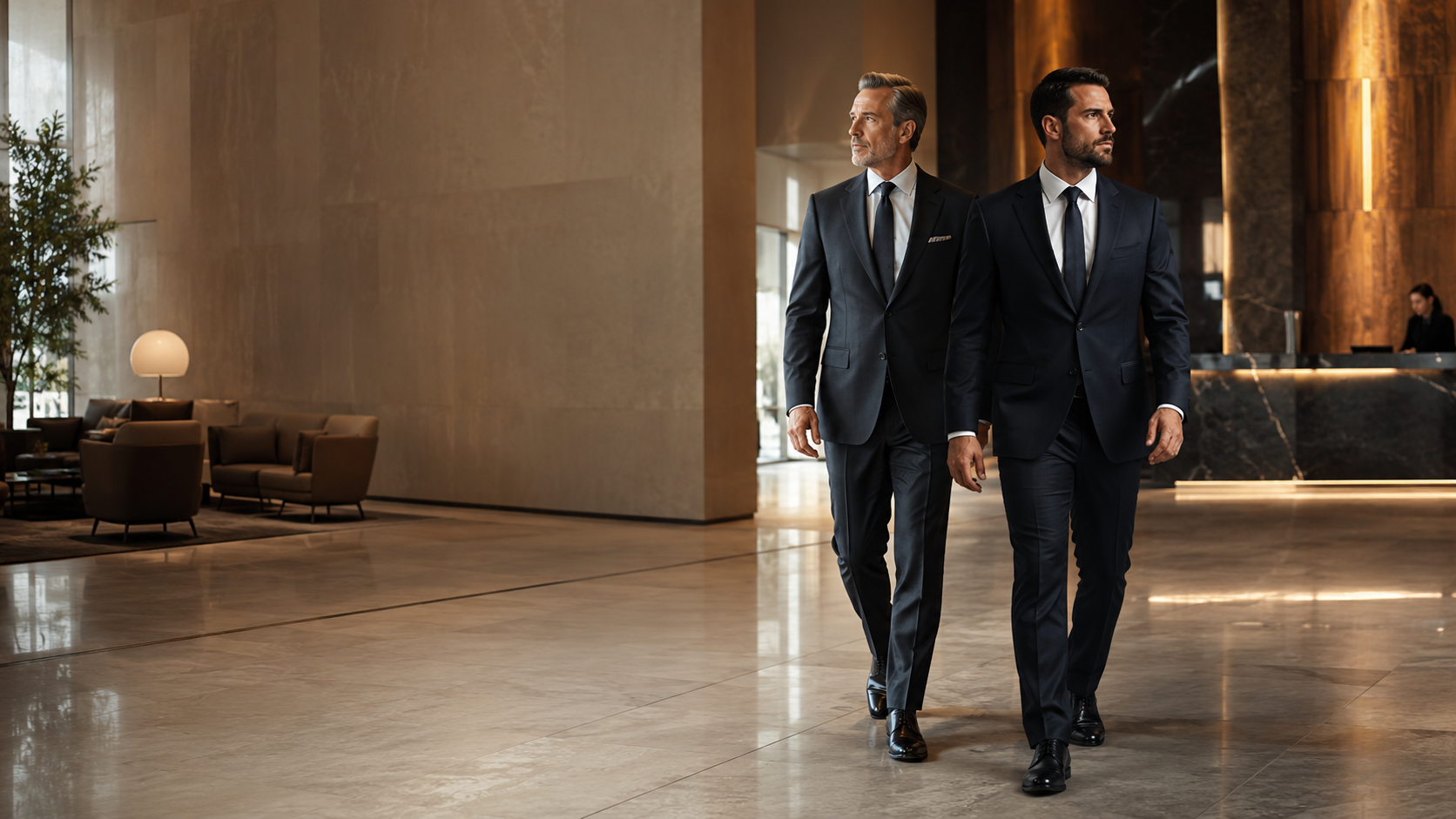 Zwei Männer im Anzug gehen nebeneinander durch eine Hotellobby