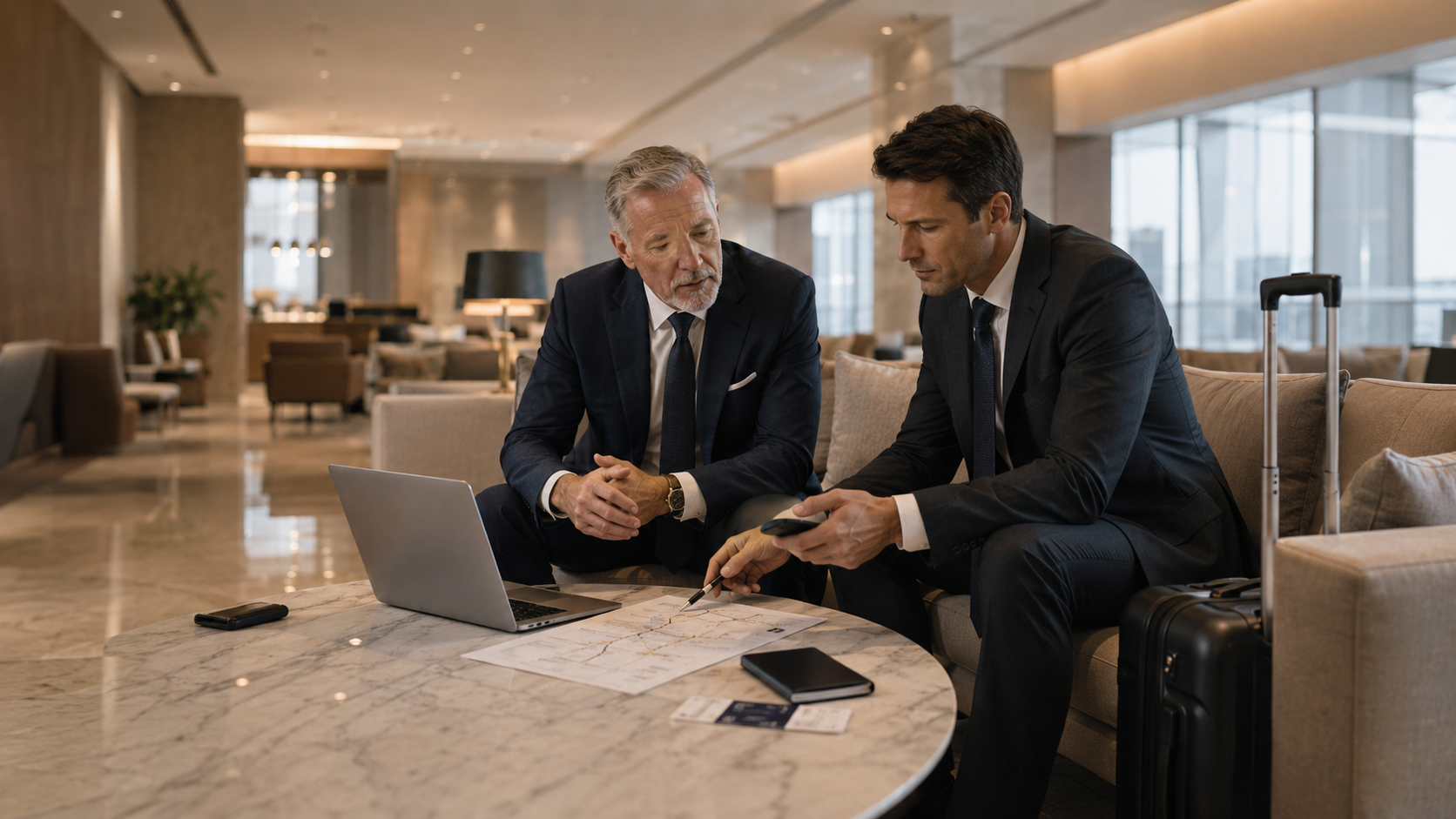 Klienten planen eine Geschäftsreise in der Hotellobby